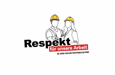 Mann und Frau mit Helm. Davor Schriftzug "Respekt für unsere Arbeit in der Baustoffindustrie" Mann und Frau mit Helm. Davor Schriftzug "Respekt für unsere Arbeit in der Baustoffindustrie"