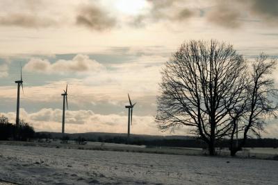Windräder in verschneiter Landschaft