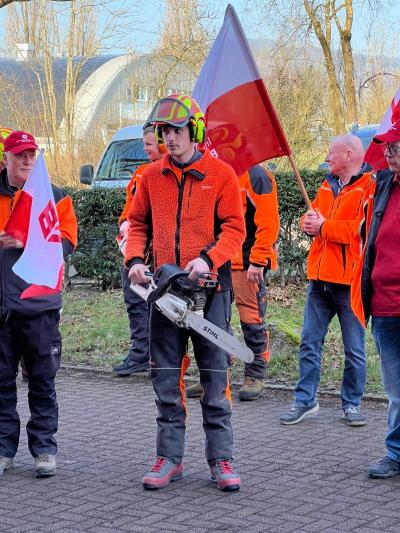 Forstbeschäftigter in Arbeitskleidung mit Motorsäge Forstbeschäftigter in Arbeitskleidung mit Motorsäge