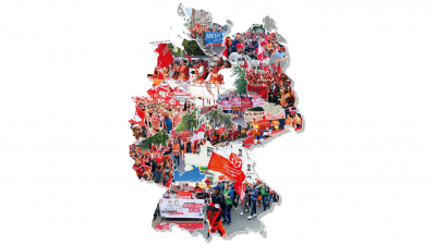 Deutschlandkarte mit Fotos von Streikdemos zur Bautarifrunde 2024 Deutschlandkarte mit Fotos von Streikdemos zur Bautarifrunde 2024