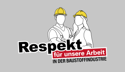 Illustration: Mann und Frau mit Bauhelmen. Schriftzug: Respekt für unsere Arbeit in der Baustoffindustrie.